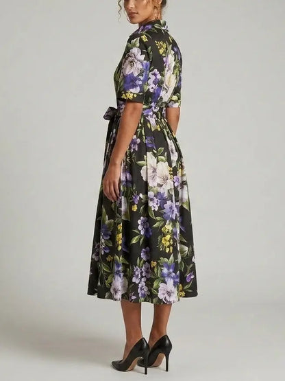 Floral Shirt Midi Dress with Belt - Dresses