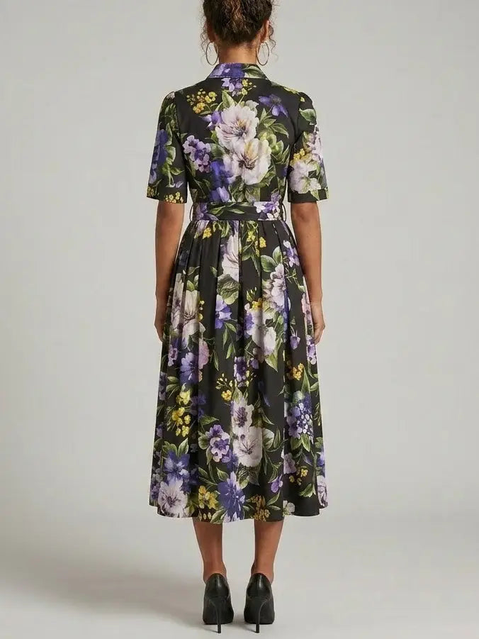 Floral Shirt Midi Dress with Belt - Dresses
