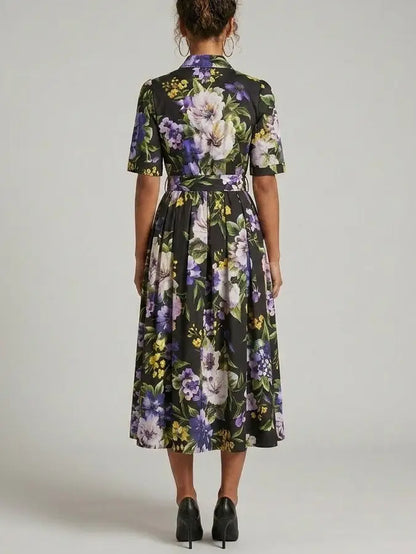Floral Shirt Midi Dress with Belt - Dresses
