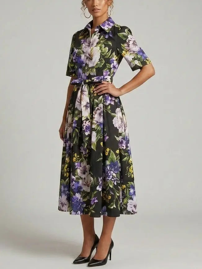 Floral Shirt Midi Dress with Belt - Dresses