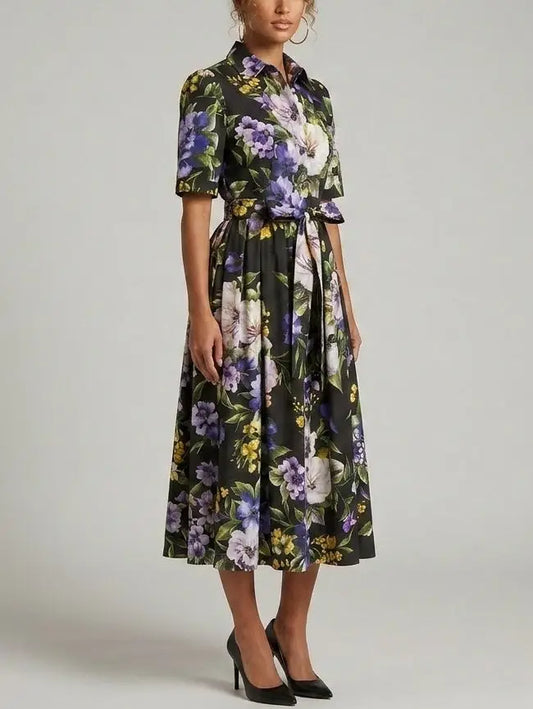 Floral Shirt Midi Dress with Belt - Dresses