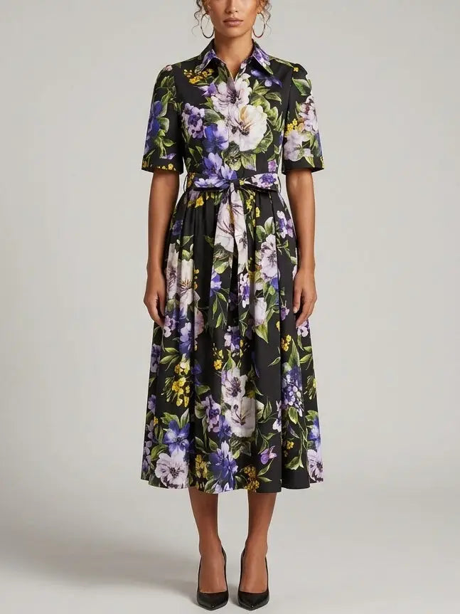 Floral Shirt Midi Dress with Belt - Dresses