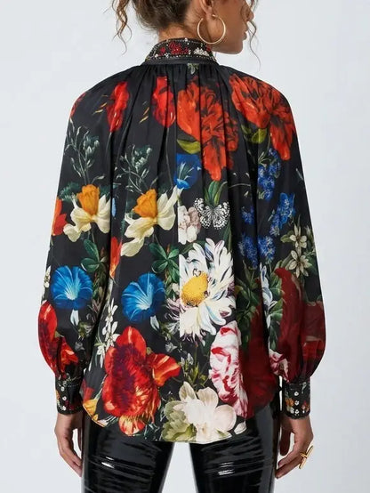 Floral Silk Blouse with Crystal Collar and Cuffs - Tops