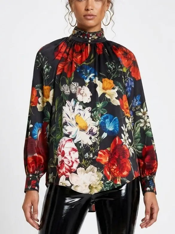 Floral Silk Blouse with Crystal Collar and Cuffs - Tops