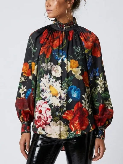 Floral Silk Blouse with Crystal Collar and Cuffs - Tops