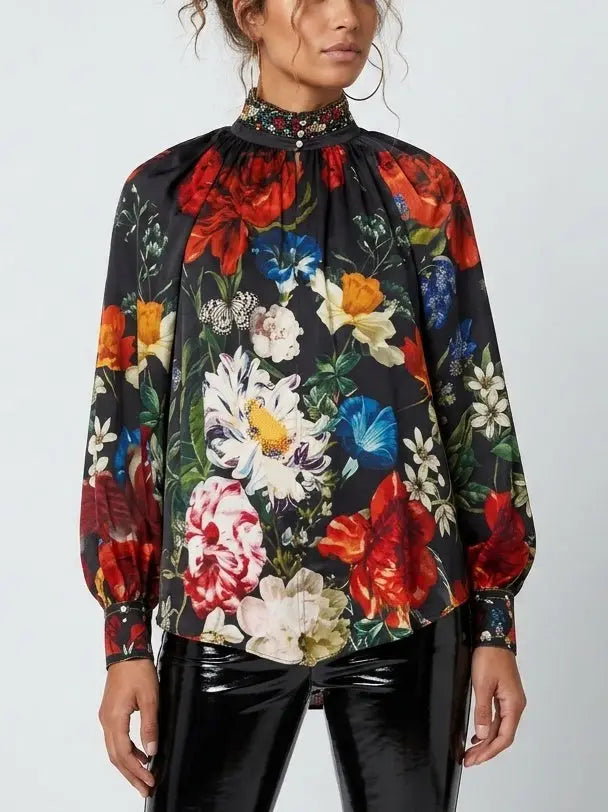 Floral Silk Blouse with Crystal Collar and Cuffs - Tops