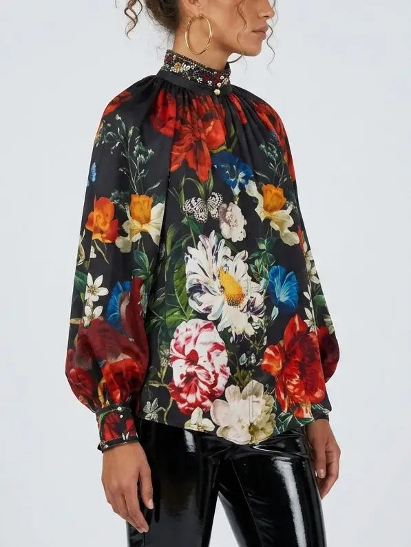 Floral Silk Blouse with Crystal Collar and Cuffs - Tops