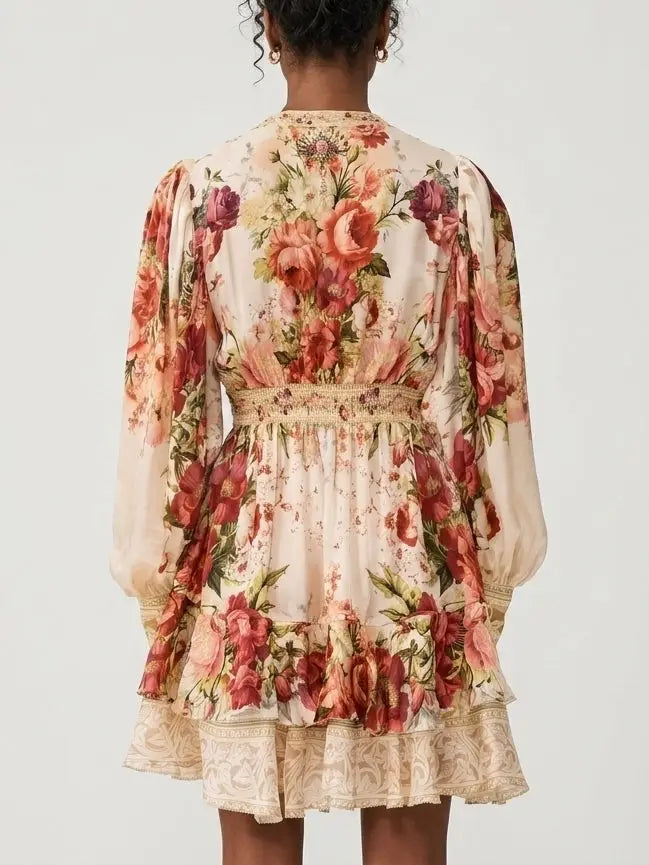 Floral Silk Blouson Sleeve V-Neck Mini Dress - Dresses