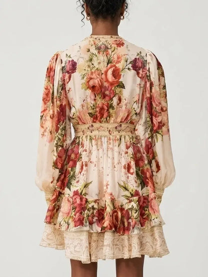 Floral Silk Blouson Sleeve V-Neck Mini Dress - Dresses