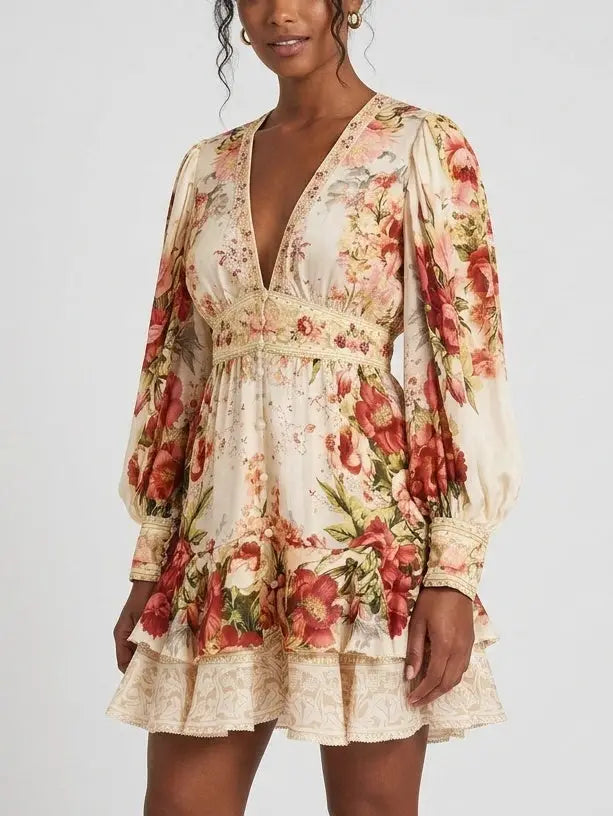 Floral Silk Blouson Sleeve V-Neck Mini Dress - Dresses