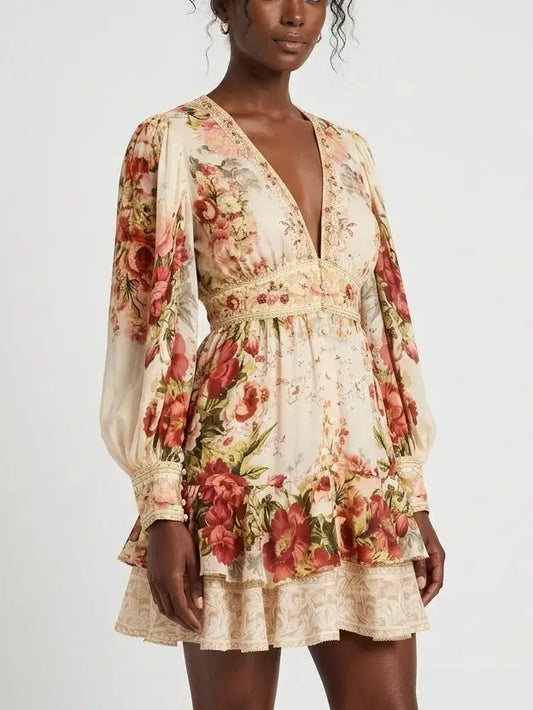 Floral Silk Blouson Sleeve V-Neck Mini Dress - Dresses