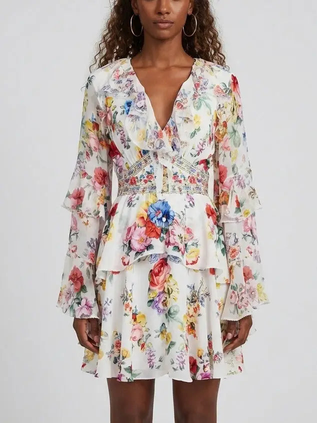 Floral Silk Button-Front Ruffle Mini Dress - Dresses