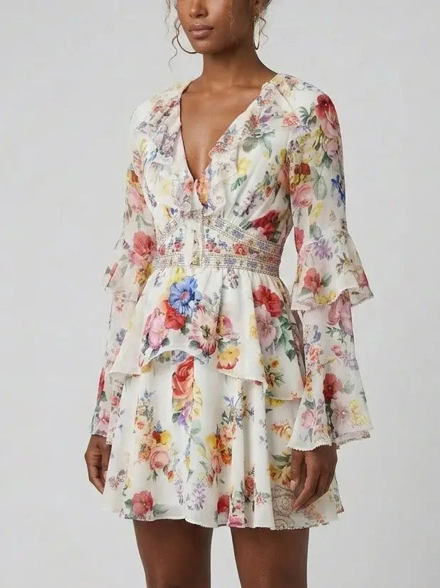 Floral Silk Button-Front Ruffle Mini Dress - Dresses
