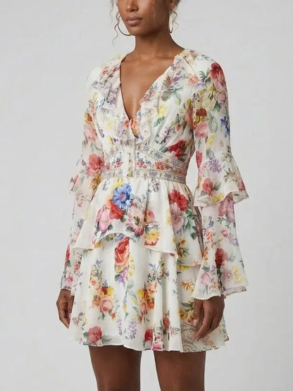 Floral Silk Button-Front Ruffle Mini Dress - Dresses