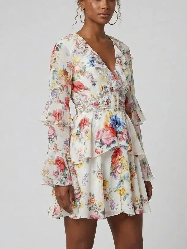 Floral Silk Button-Front Ruffle Mini Dress - Dresses
