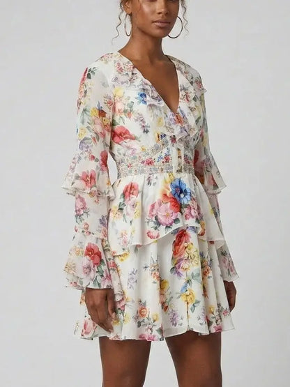 Floral Silk Button-Front Ruffle Mini Dress - Dresses