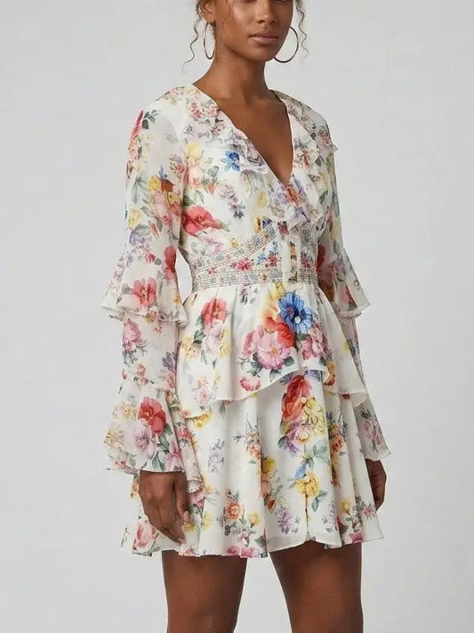 Floral Silk Button-Front Ruffle Mini Dress - Dresses