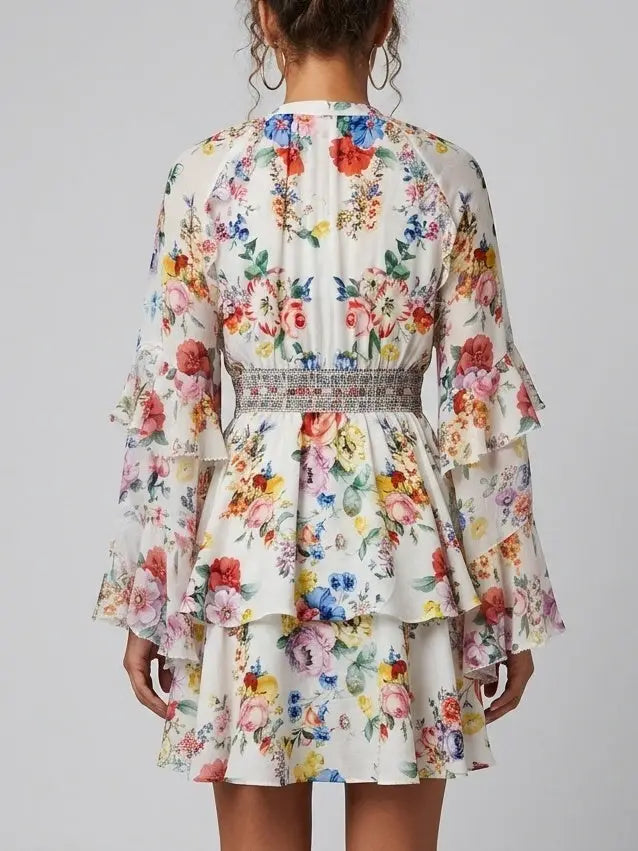 Floral Silk Button-Front Ruffle Mini Dress - Dresses