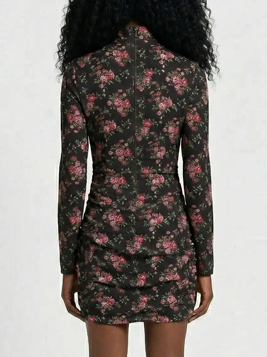 Floral Silk High-Neck Ruched Mini Dress - Dresses
