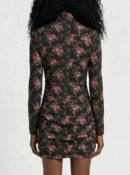 Floral Silk High-Neck Ruched Mini Dress - Dresses