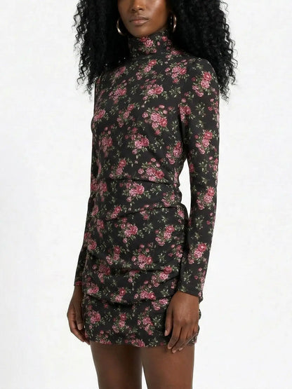 Floral Silk High-Neck Ruched Mini Dress - Dresses