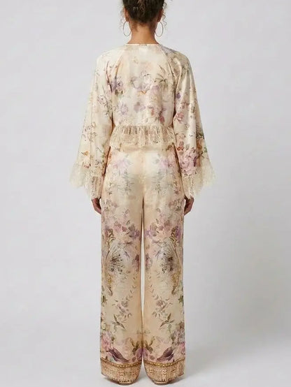 Floral Silk Lace Trim Top and Pant Set - Suits & Sets