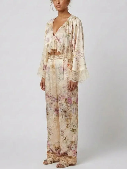 Floral Silk Lace Trim Top and Pant Set - Suits & Sets