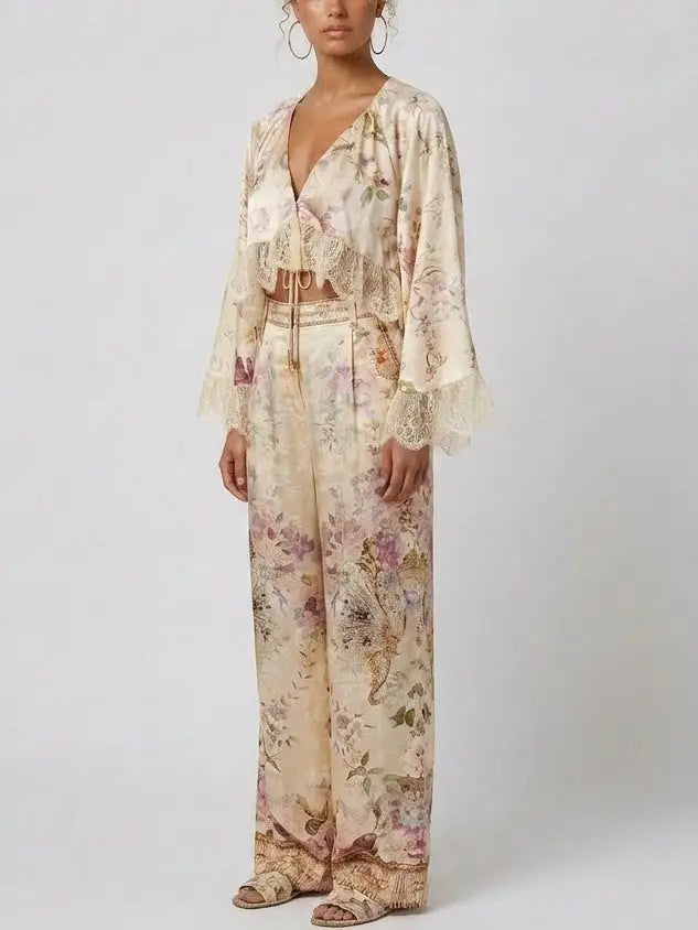 Floral Silk Lace Trim Top and Pant Set - Suits & Sets