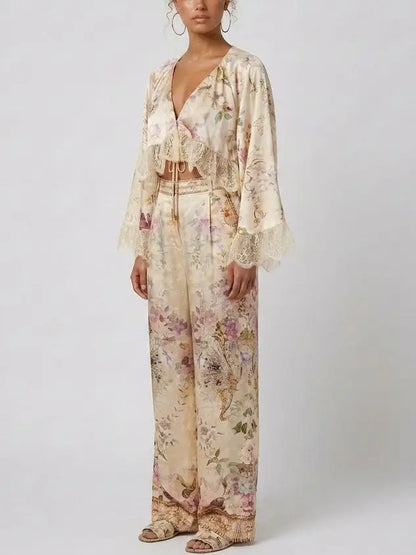 Floral Silk Lace Trim Top and Pant Set - Suits & Sets