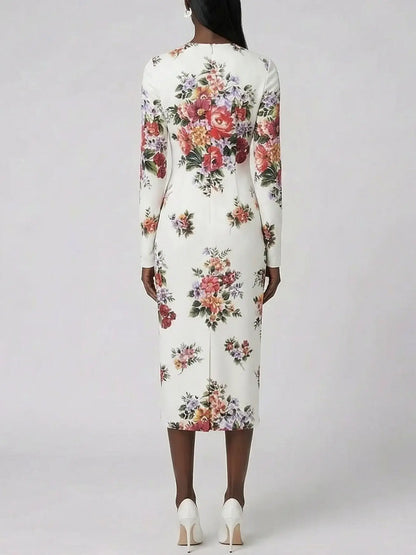 Floral Silk Long Sleeve Midi Dress in White - Dresses
