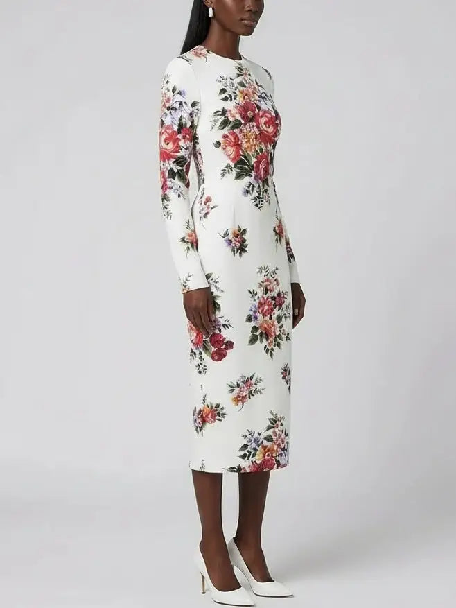 Floral Silk Long Sleeve Midi Dress in White - Dresses