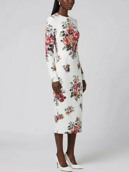 Floral Silk Long Sleeve Midi Dress in White - Dresses