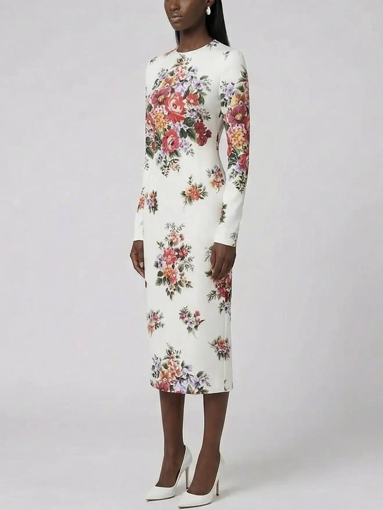 Floral Silk Long Sleeve Midi Dress in White - Dresses