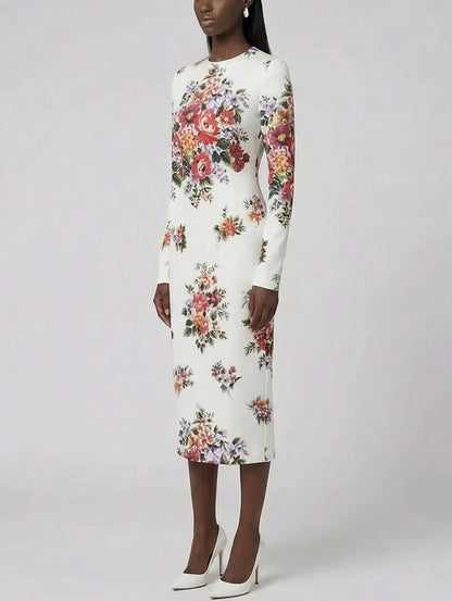 Floral Silk Long Sleeve Midi Dress in White - Dresses
