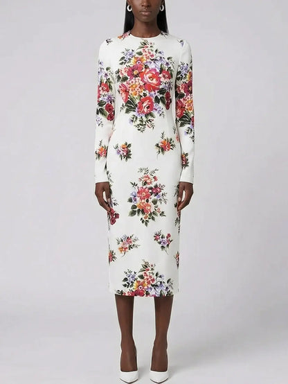 Floral Silk Long Sleeve Midi Dress in White - Dresses