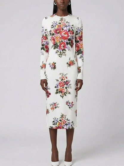 Floral Silk Long Sleeve Midi Dress in White - S - Dresses