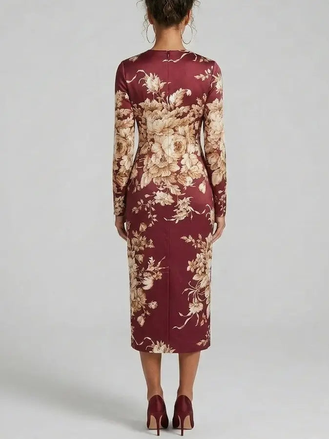 Floral Silk Long Sleeve Sheath Midi Dress