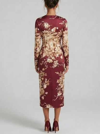 Floral Silk Long Sleeve Sheath Midi Dress - Dresses