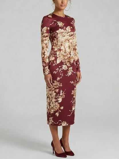 Floral Silk Long Sleeve Sheath Midi Dress - Dresses