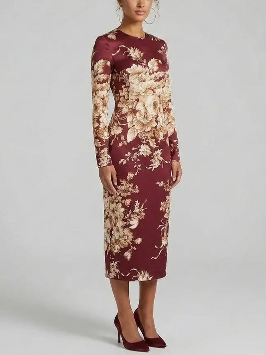 Floral Silk Long Sleeve Sheath Midi Dress - Dresses
