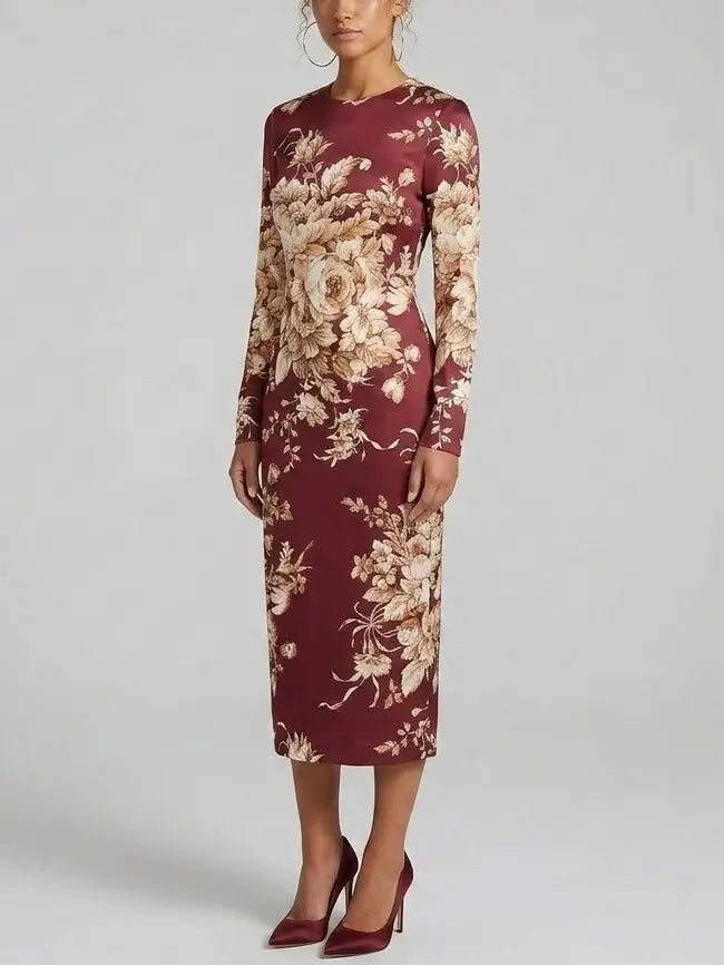 Floral Silk Long Sleeve Sheath Midi Dress - Dresses