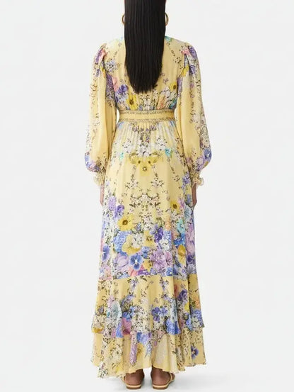 Floral Silk Maxi Dress with Tiered Hem in Yellow - Dresses