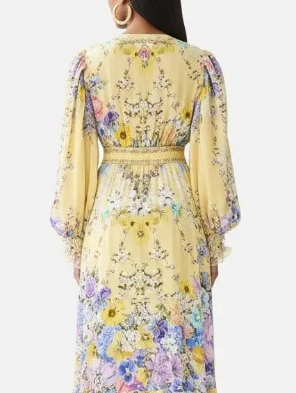 Floral Silk Maxi Dress with Tiered Hem in Yellow - Dresses