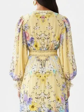Floral Silk Maxi Dress with Tiered Hem in Yellow - Dresses