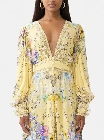 Floral Silk Maxi Dress with Tiered Hem in Yellow - Dresses
