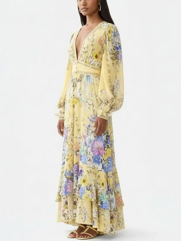 Floral Silk Maxi Dress with Tiered Hem in Yellow - Dresses