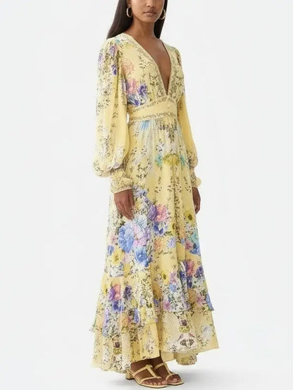 Floral Silk Maxi Dress with Tiered Hem in Yellow - Dresses