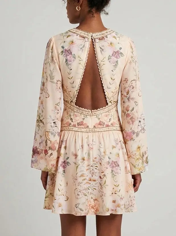 Printed Button Front Silk Frill Dress - Dresses