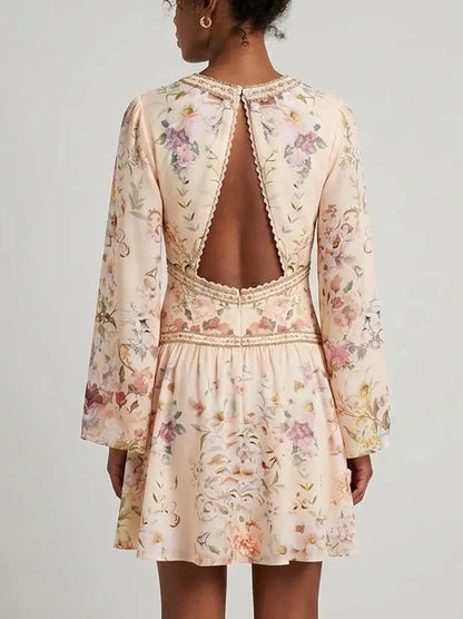 Printed Button Front Silk Frill Dress - Dresses
