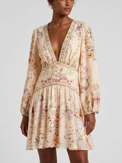 Printed Button Front Silk Frill Dress - Dresses